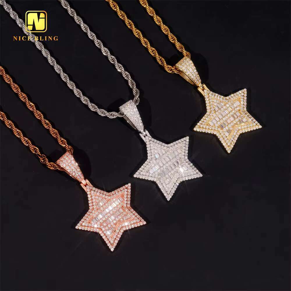 Baguette Custom Iced Out Hip Hop Moissanite Jewelry Star Shape Pendant 925 Silver VVS Moissanite Diamond Fine Charm Pendant
