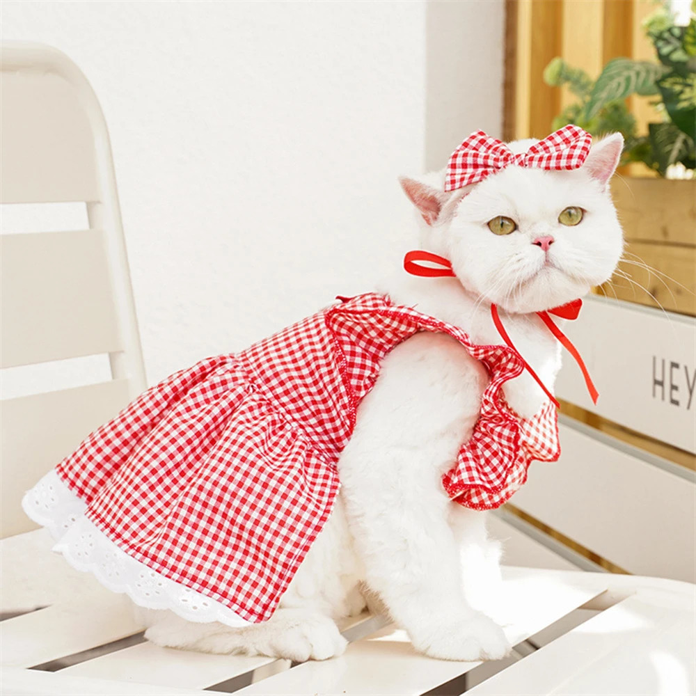 Pet Summer Flying Sleeve Dress Flower Bow Plaid Princess Dresses For Small Dog Cat Fashion Lace Ruffles Puppy Clothes 250326