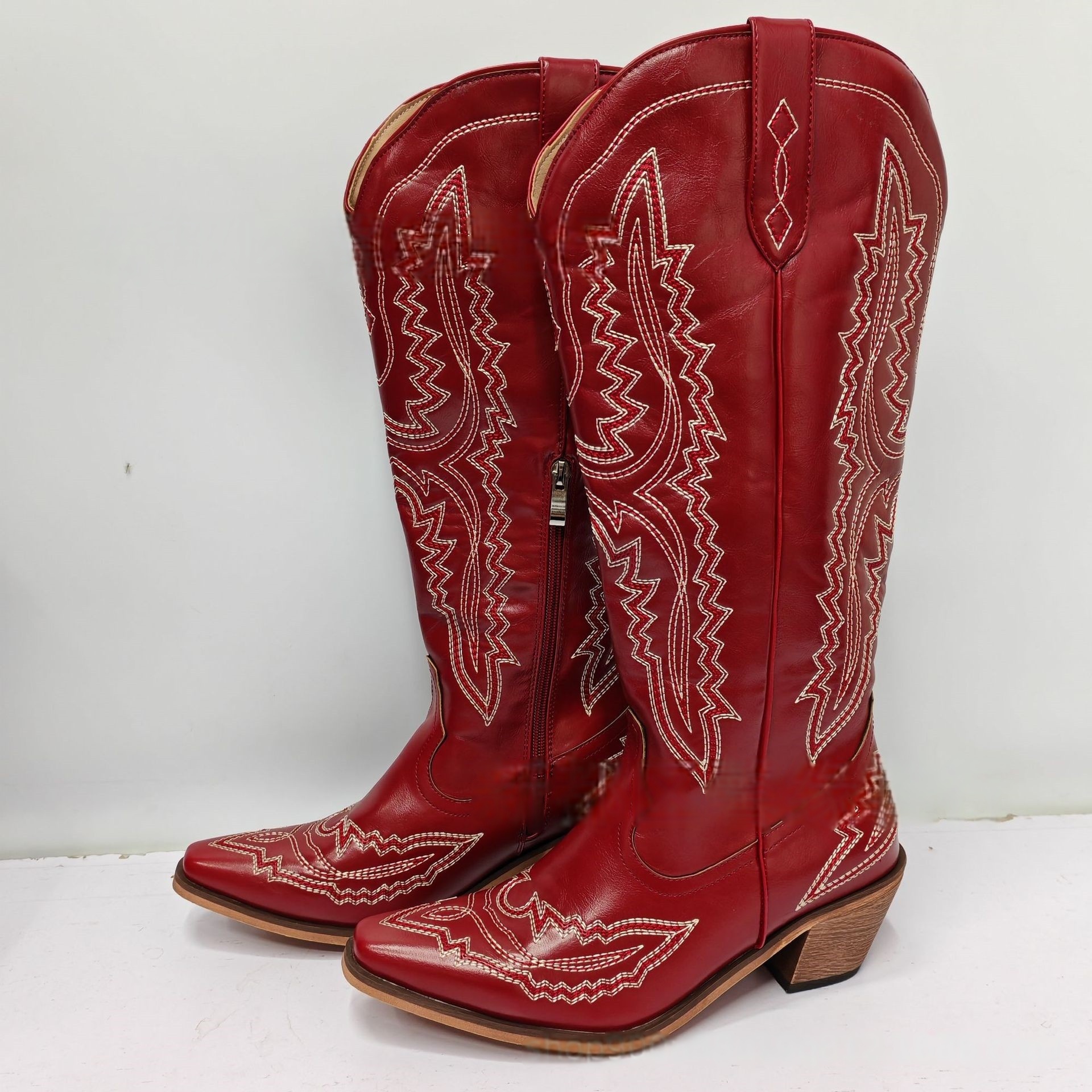 designer boots side embroidery shoes High Barrel Large Size Western Cowboy Boots pointed thick high heel tube large western zipper cowboy boots cowboy