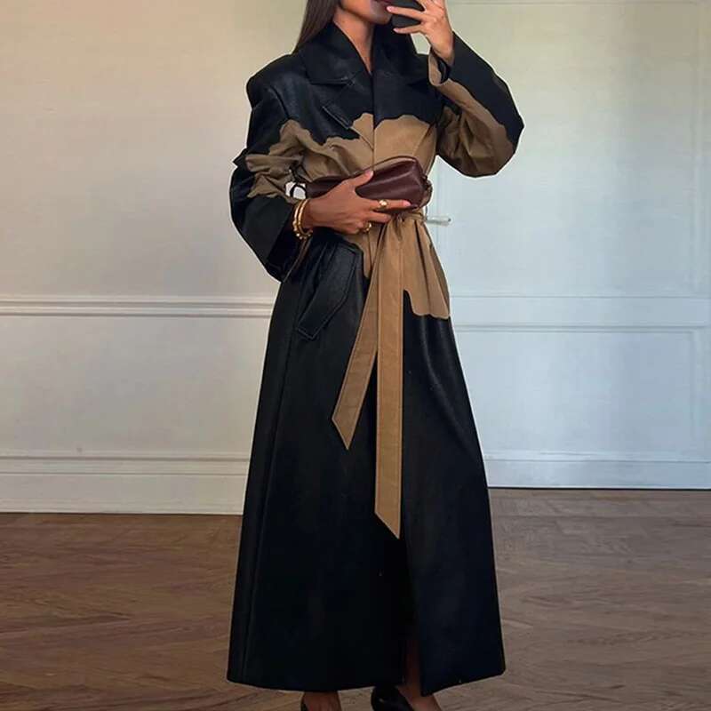 Women's Coat Elegant Contrast Leather Trench Coat Women Lapel Single Breasted Split Female Overcoat With Belt Autumn Winter Lady Outwear