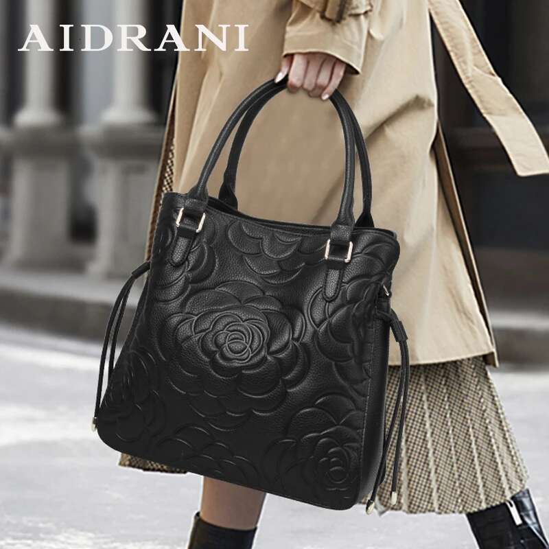 Aidrani Fashion Genuine Leather Large Capacity Women's Handbag Black Emed Cowhide Shoulder Bag
