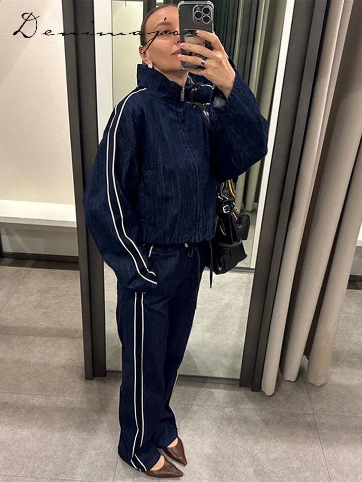 Street denim striped pants set womens long sleeved stand up collar pocket zipper jacket straight lace casual jeans 250326