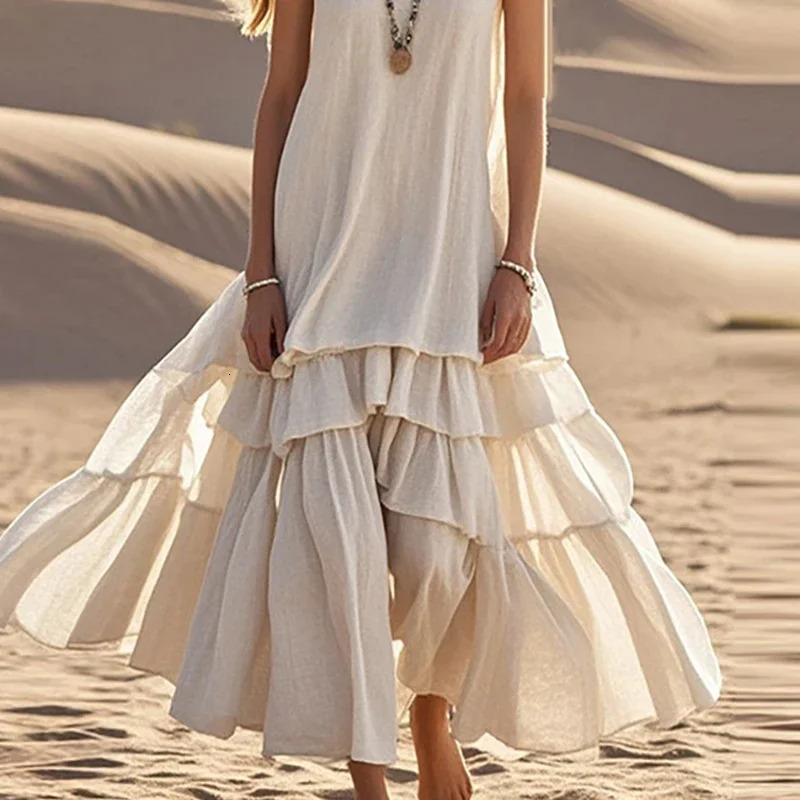 Retro Vneck pure cotton linen pleated vacation dress for women sleeveless white cake display summer womens beach 250324