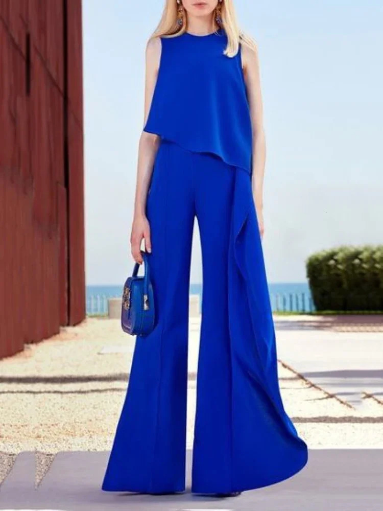Spring Womens Plain Elegant Office Solid Color Loose Ruffle Single Shoulder Split Bottom Wide Leg jumpsuit 250326