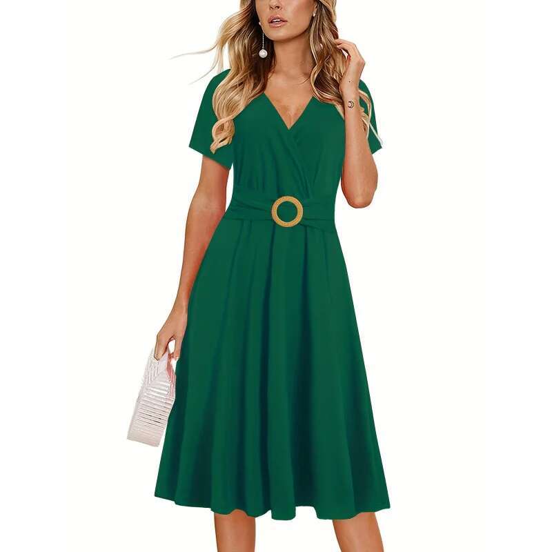 Dongdumaoyi Dames Elegante Normale Pasvorm Met Riem Zomer Casual Werk Kerk Theejurk Zakken Polyester Elastaan WD