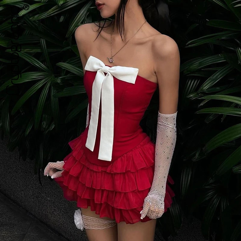 Cryptographic Elegant Bow Detail Sexy Strapless Two Piece Womens Club Set Ruffle Red Top and Skill Matching 250326