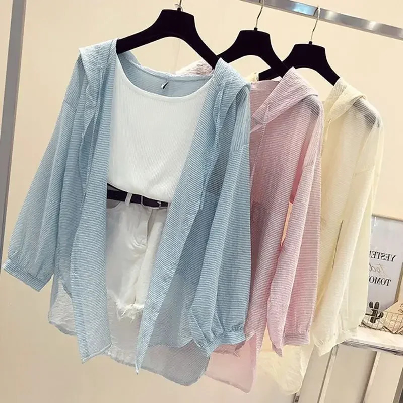 Summer Womens Versatile Thin Long Sleeve Loose Breathable Ultra Sunscreen Hoodie Ice Silk Coat 250326