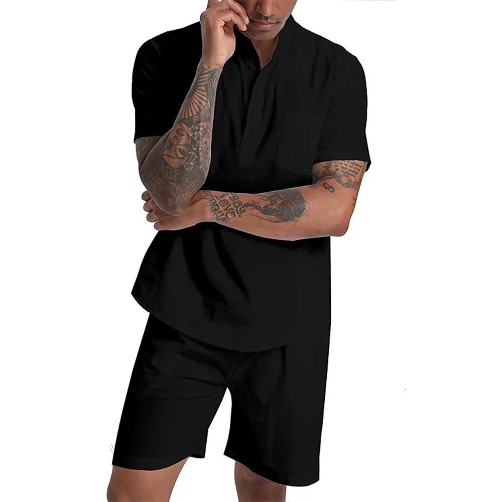 Mens cotton linen set Henry shirt shorts 2piece beachwear vacation summer dress 250326