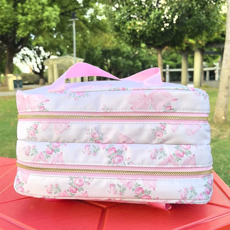 Pink Bow Makeup Bag Nylon Waterproof Large Capacity Travel Dry Wet Separation Double Zipper Storage 250326