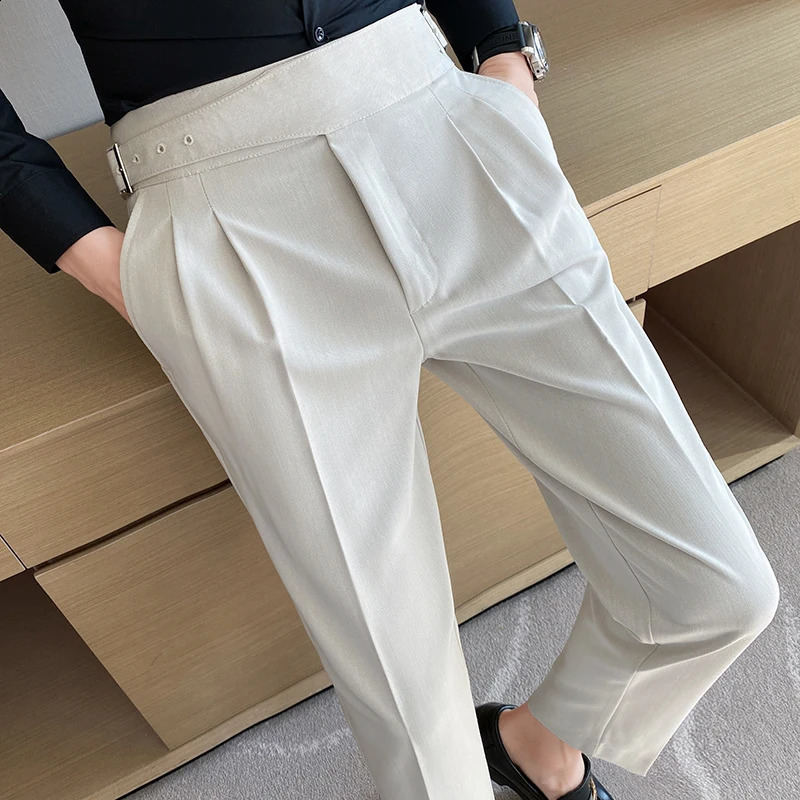 British Style Men High Waist Casual Dress Pant Men Belt Slim Trousers Formal Office Social Wedding Party Dress Suit Pants 250317