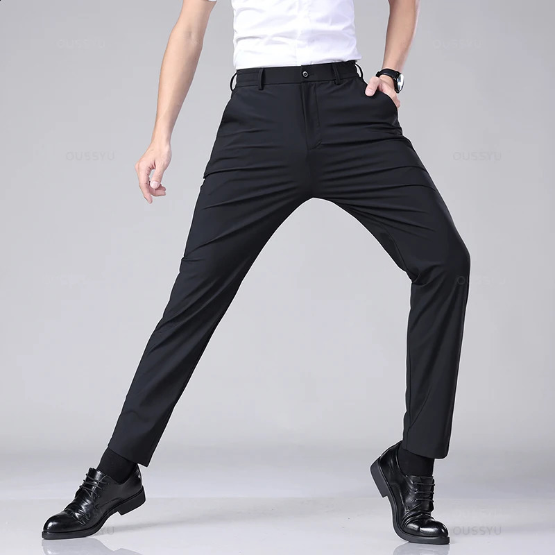 Spring Summer Mens Casual Pants Business Stretch Slim Fit Elastic Waist Jogger Korean Classic Thin Black Gray Trousers Male 250317