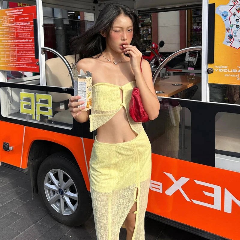 Among them the casual summer hollow womens twopiece set sleeveless shoulder top and high waisted long clothing 250326
