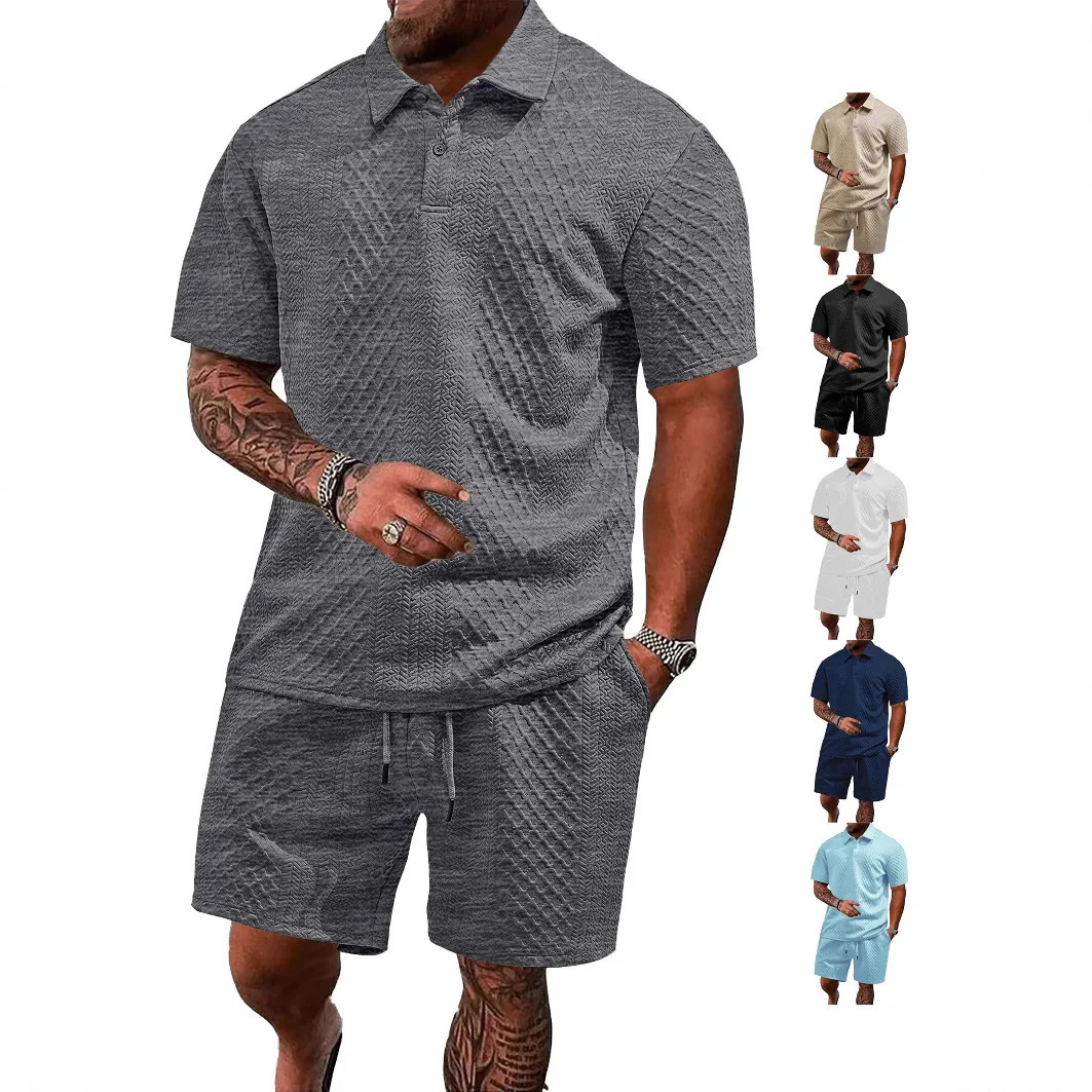Summer European and American Jacquard Fabric Mens Casual Sports Thin Collar Polo Shirt Short Sleeve Set 250327