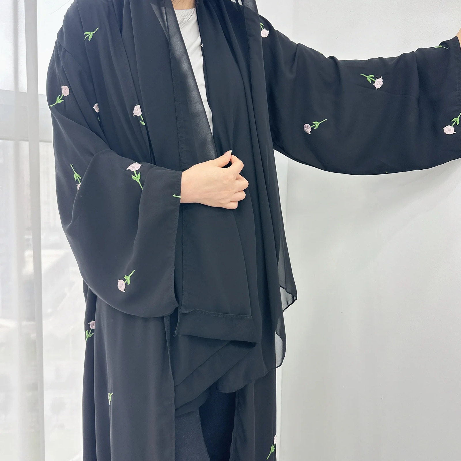 Black ed Kimono Cardigan Abaya Dubai y Muslim Kaftan Abayas Women Islamic Clothing Set 250326