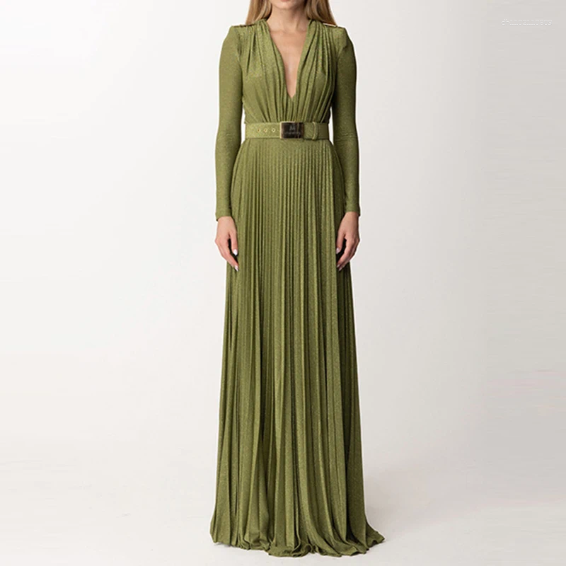 Casual Dresses Women Fashion High Waist Slim Solid Long Dress 2025 Elegant Sleeve Party Sexy Deep V-neck Draped Evening