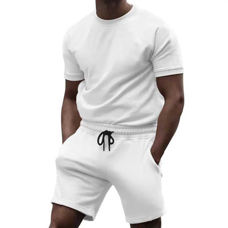 Summer mens fitness pure cotton short sleeved sports quick drying fresh solid color comfortable round neck fitness setXJ250326