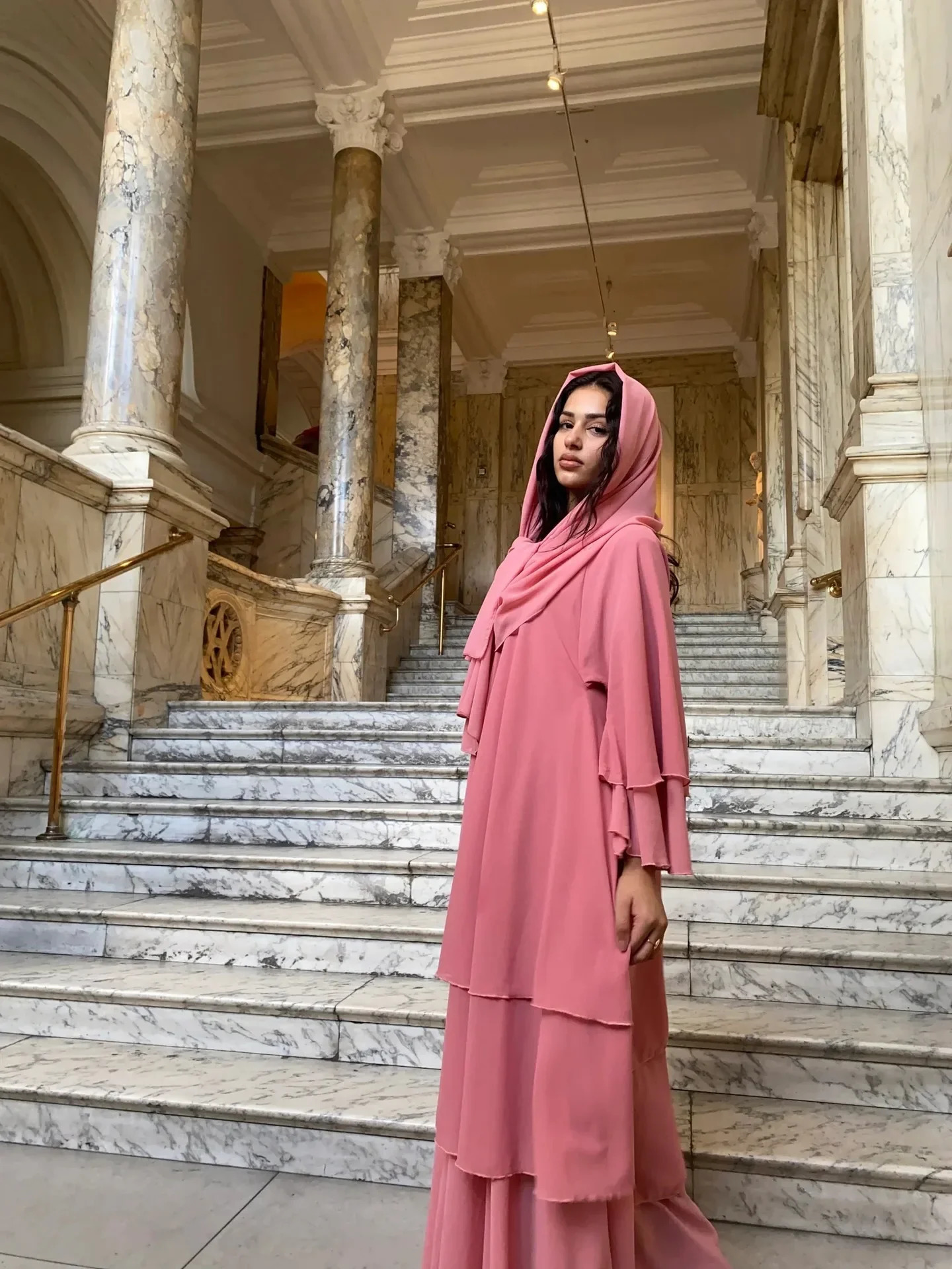 Muslim open kimono 3layer Abayas womens chiffon dress Ka cardigan wool Arab gown Islamic clothing Caftan Marocain 250326