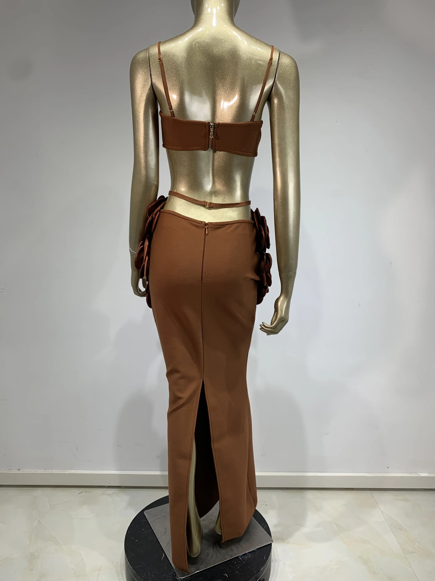 Womens Celebrity Sexy Backless Strapless Flower Brown Maxi Long Bandaged Ski Set Knitted Elegant Nightclub Party Clothing 250326