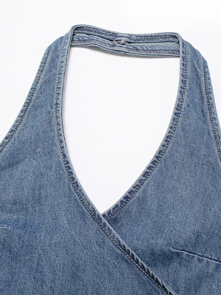 QNQO Denim Tank Women Summer Neck-Mounted Sleeveless Chic Casual Tops 2024 New Fashion Solid Female Backless Sexy Crop Top