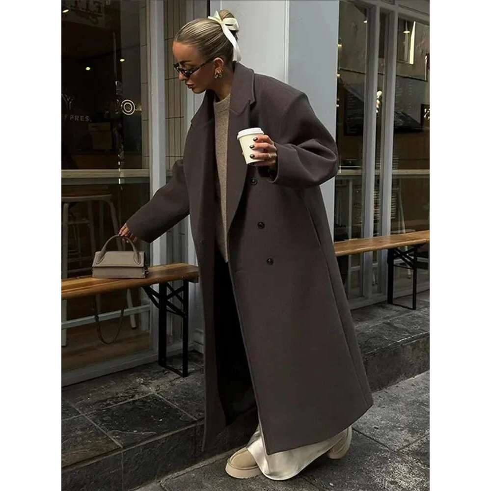 Women's Coat Lapel Women Long Coats Casual Straight Overcoat Double-Breasted Office Ladies Coat Autumn Winter Vintage Streetwear Outwear