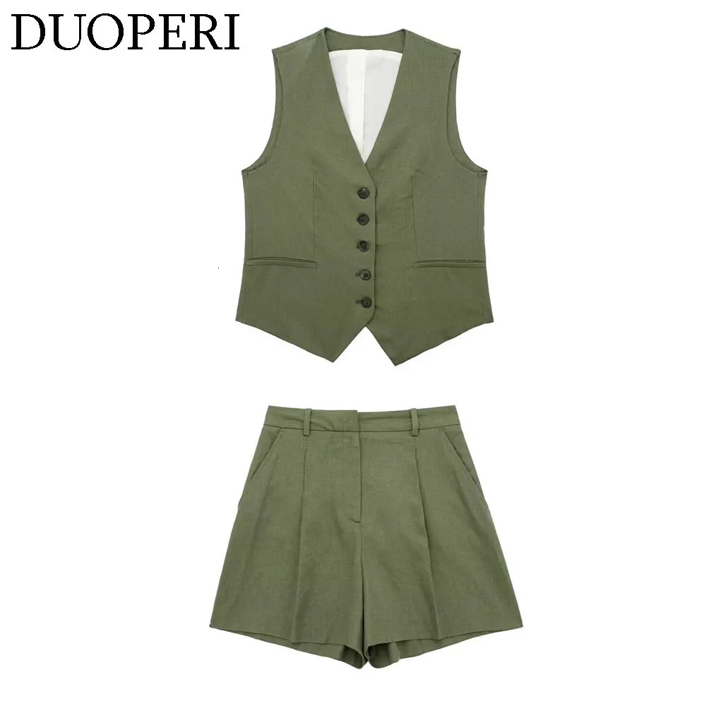 DUOPERI Women 2 Pieces Sets Plain Linen Tops Vest and Shorts Chic Lady Casual Basic Business Waistcoat Coordinates 250311