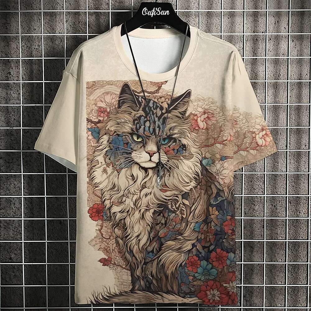 Samurai cat men s T shirt summer fashion Japanese short sleeved oversized street clothing casual sportswear top