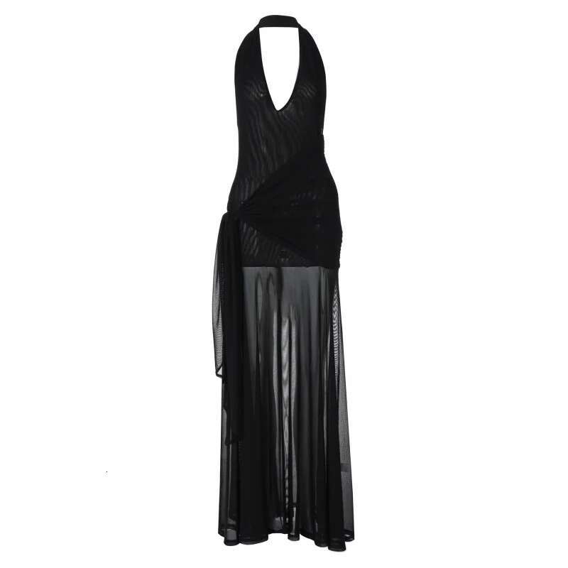 Dongdumaoyi Fashion Nieuwe Sexy Hollow Out Diepe V Halter Patchwork Mesh Zoom Side Taille Tie Vrouwen Jurk C