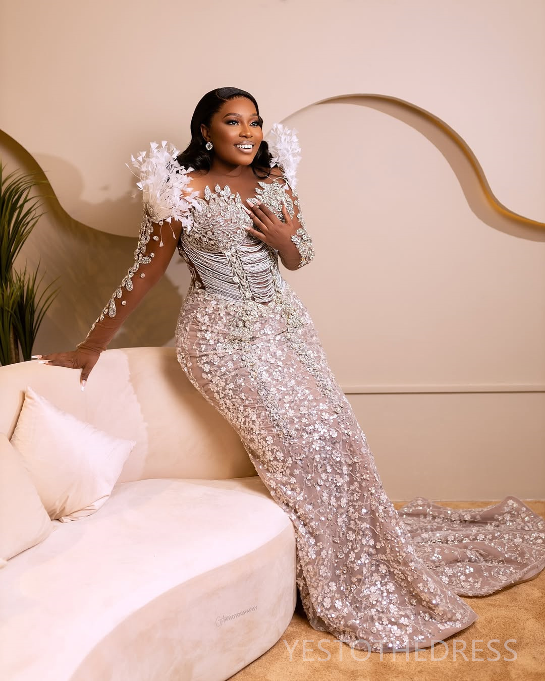 2025 Plus Size Aso Ebi Prom Dress Mermaid Prom Dresses Formal Gowns Illusion Sheer Neck Feather Long Sleeve Beaded Lace Birthday Second Reception Gown