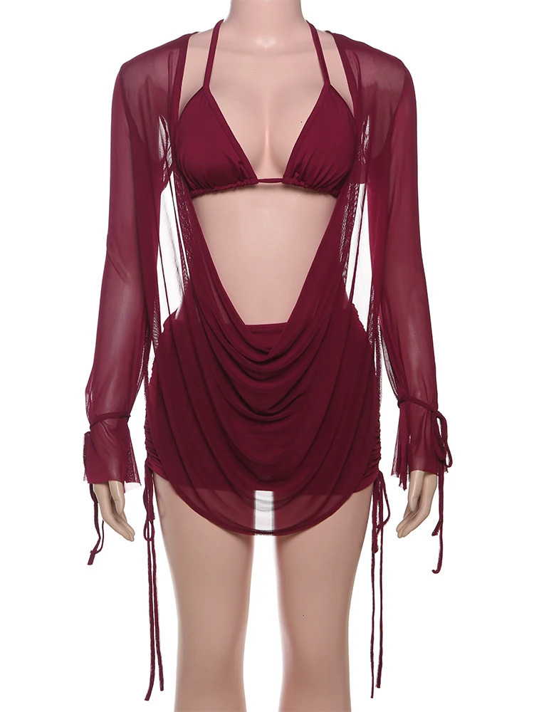 Weird Cat Shirt Fashion 3Piece Set for Women See through Irregular TopSolid Strap BrRuffle Skiing Resort Beach Party 250326