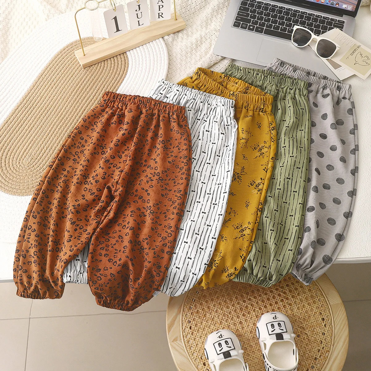 Childrens pants casual girls linen solid color loose pleated high waisted harem 250325