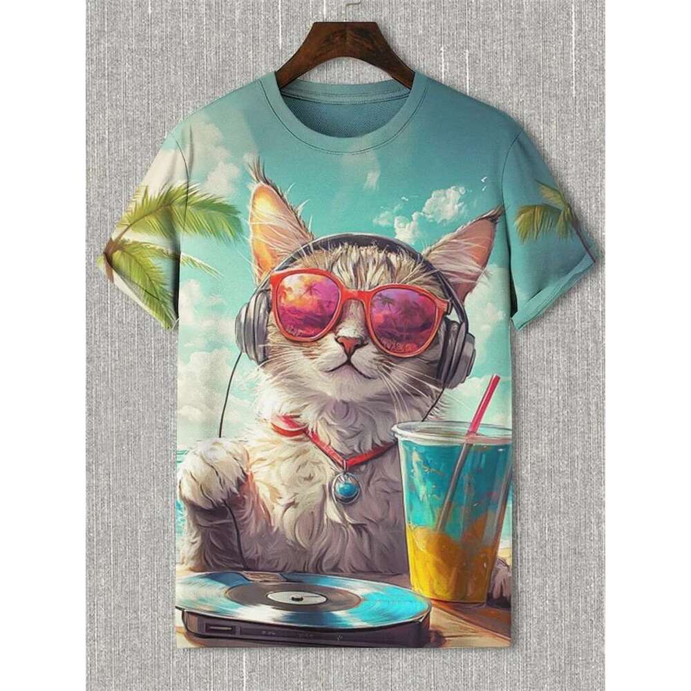 Interesting cat pattern T shirt for men fashionable summer short sleeved round neck D printed children s casual oversized Harajuku