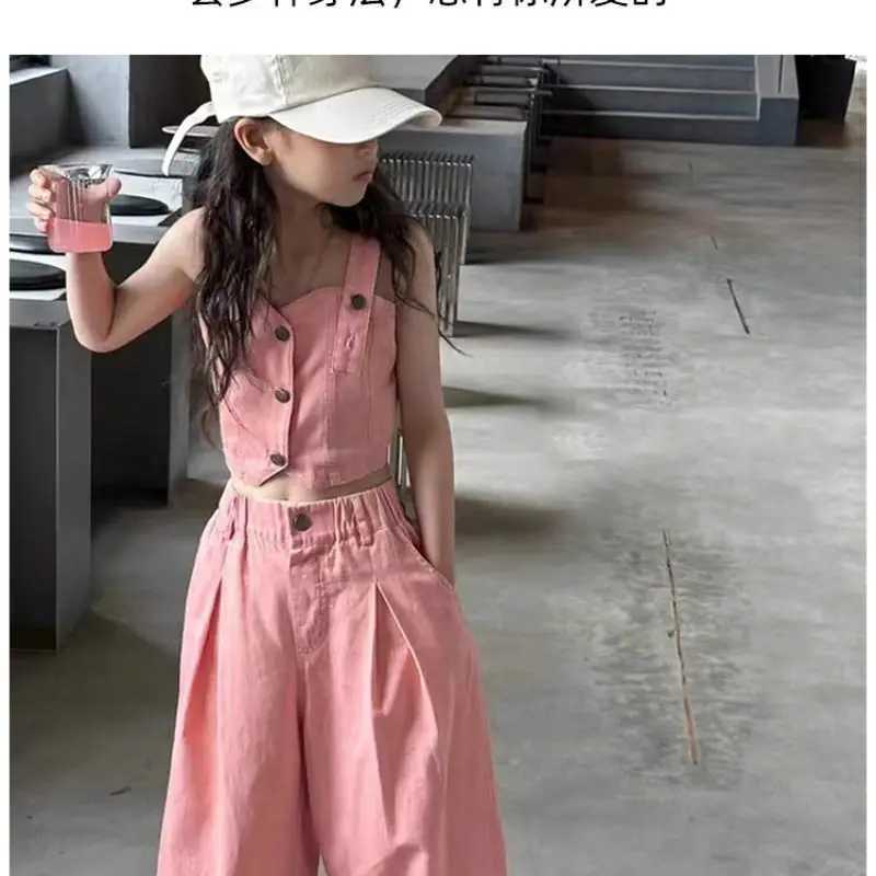 Childrens clothing girls denim summer suit teenagers vest loose straight leg pants two-piece set KoreanT250327