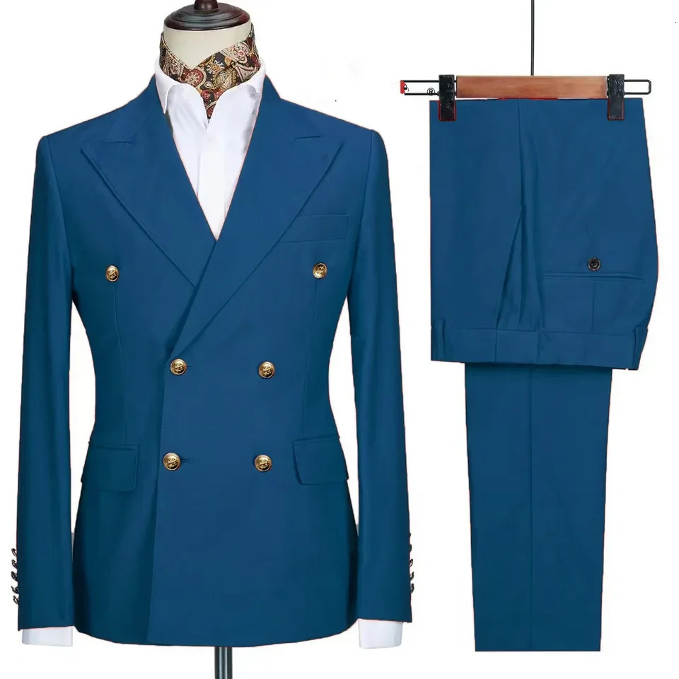 Fashionable mens casual boutique business banquet solid color wedding double chest ultrathin set jacket pants 250326