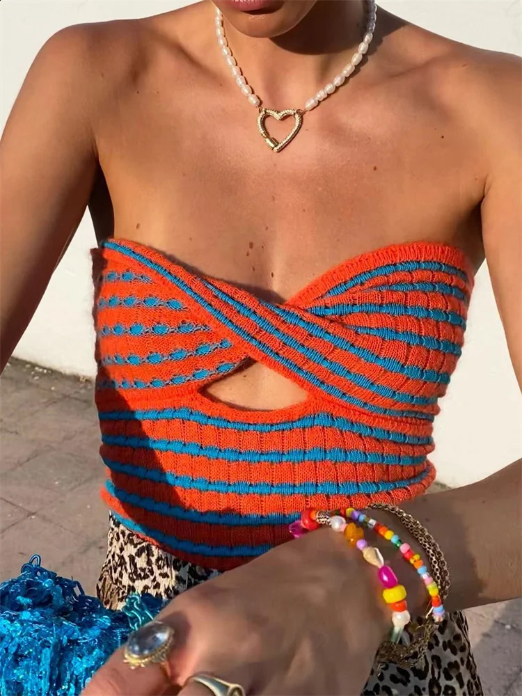 Tossy 2024 Off Shoulder Knit Tube Top Sexy Strapless Backless Bustier Tops For Women Stripe Cropped Top Summer Streetwear 250325