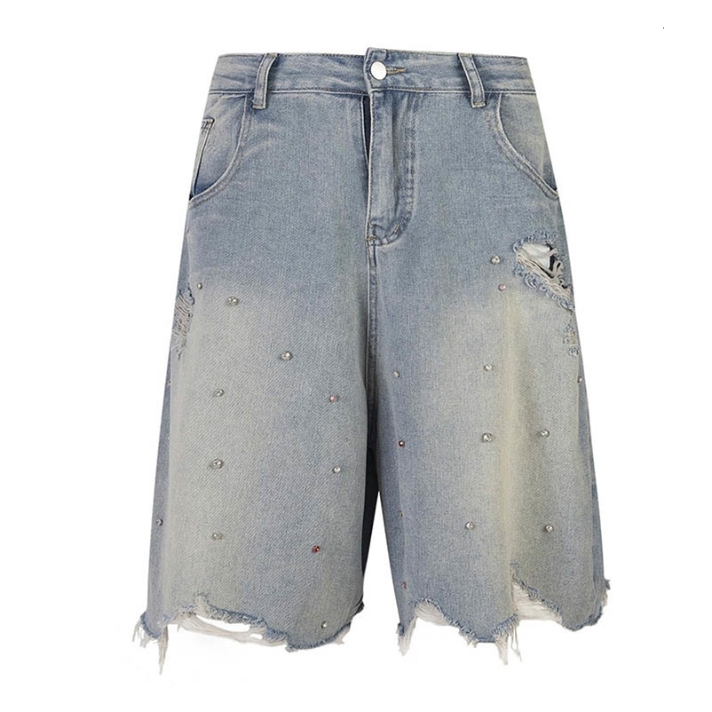 Vintage Hi Street Rivet Denim Shorts Washed Streetwear Ripped Jeans Shorts For Male Blue 250326