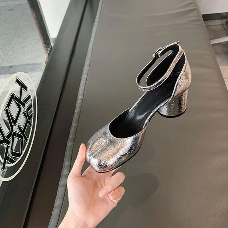 Modern Round High Heel Leather Square Split Toe Pumps Spring Summer Sandals Mary Janes Shoes Heels Women