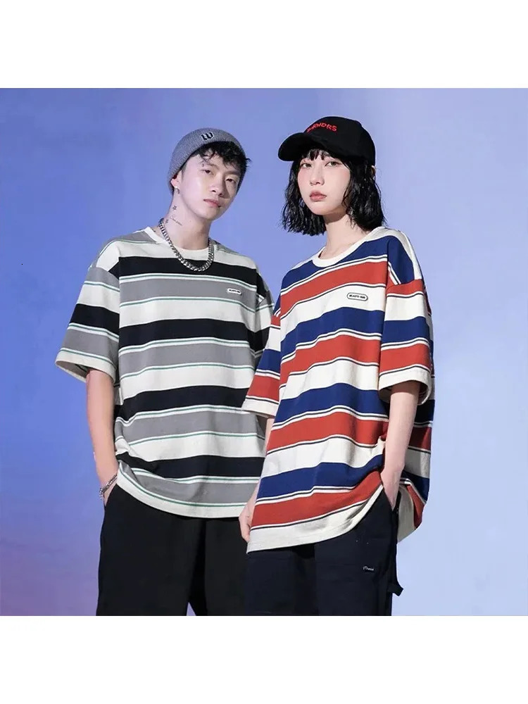 loose contrasting color short sleeved main stripe Tshirt for couples summer retro Harajuku oversized top 250326