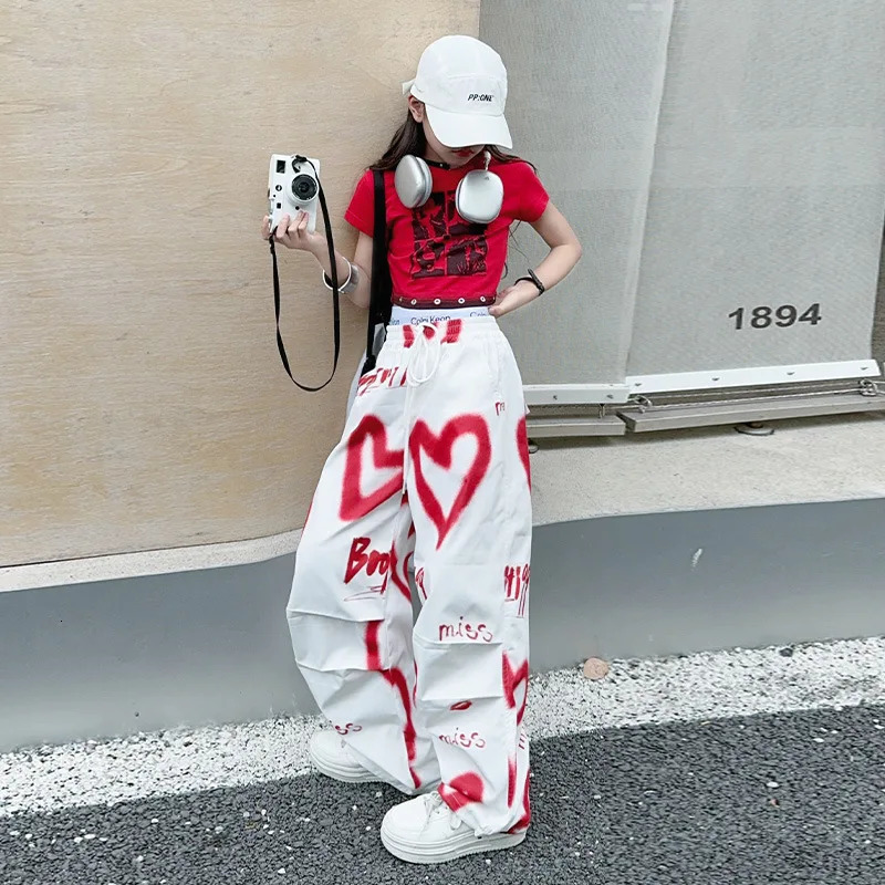 2025 summer spring teens tracksuit Girls cloth heart set graffiti t-shirt top long wide leg pant Kid 4 5 6 7 8 9 10 12 14 year 250326