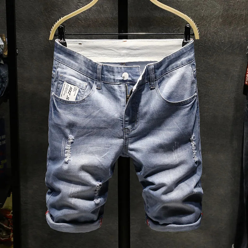 mens thin denim fashion shorts washed slim casual jeans Destroyed Ripped Plus size 250326