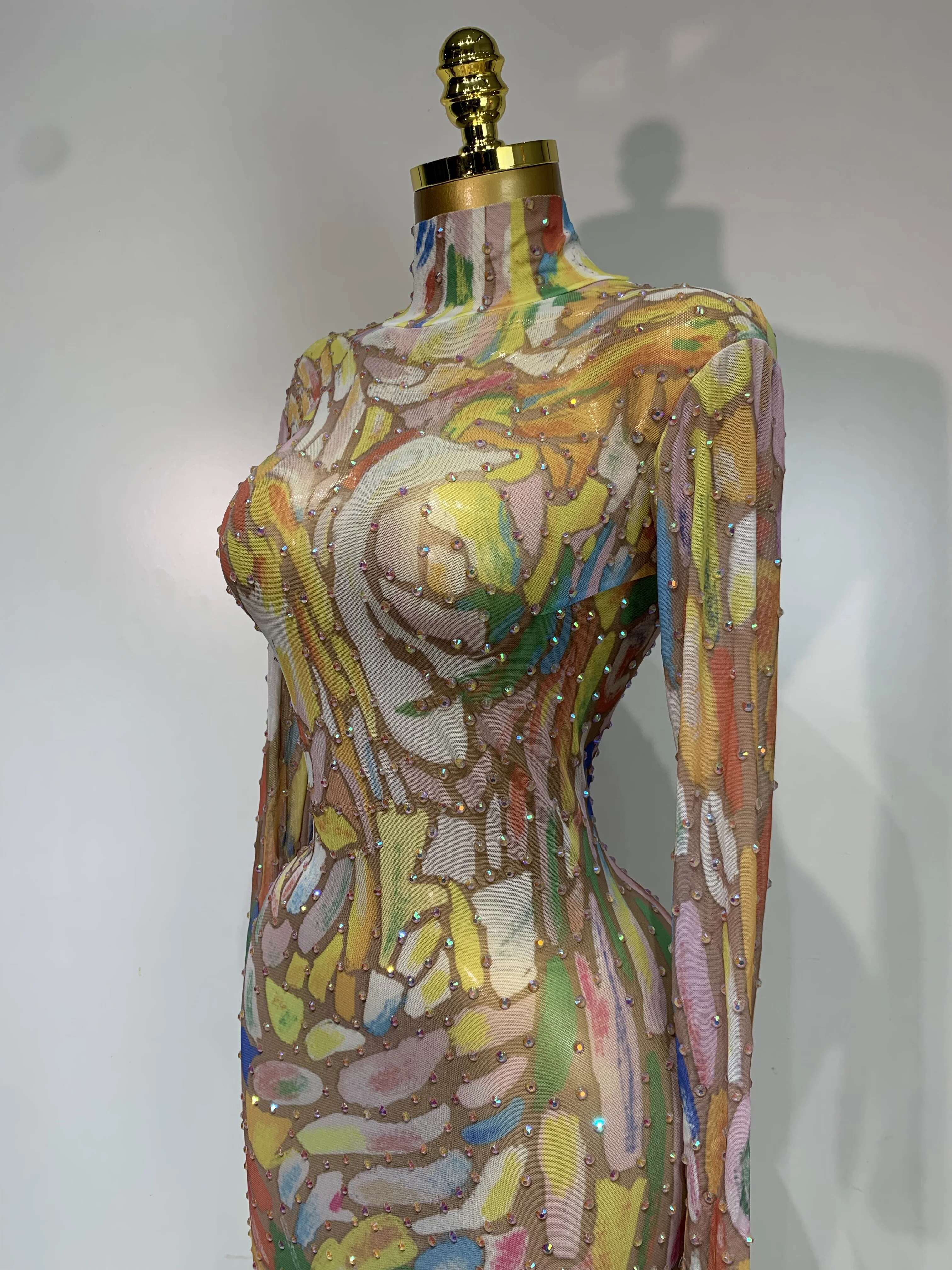 Sparkly Rhie Stretchy Mesh See Through Jumpsuit Women Performance Dancer Costume Rompers Party Nightclub Stage Outfit