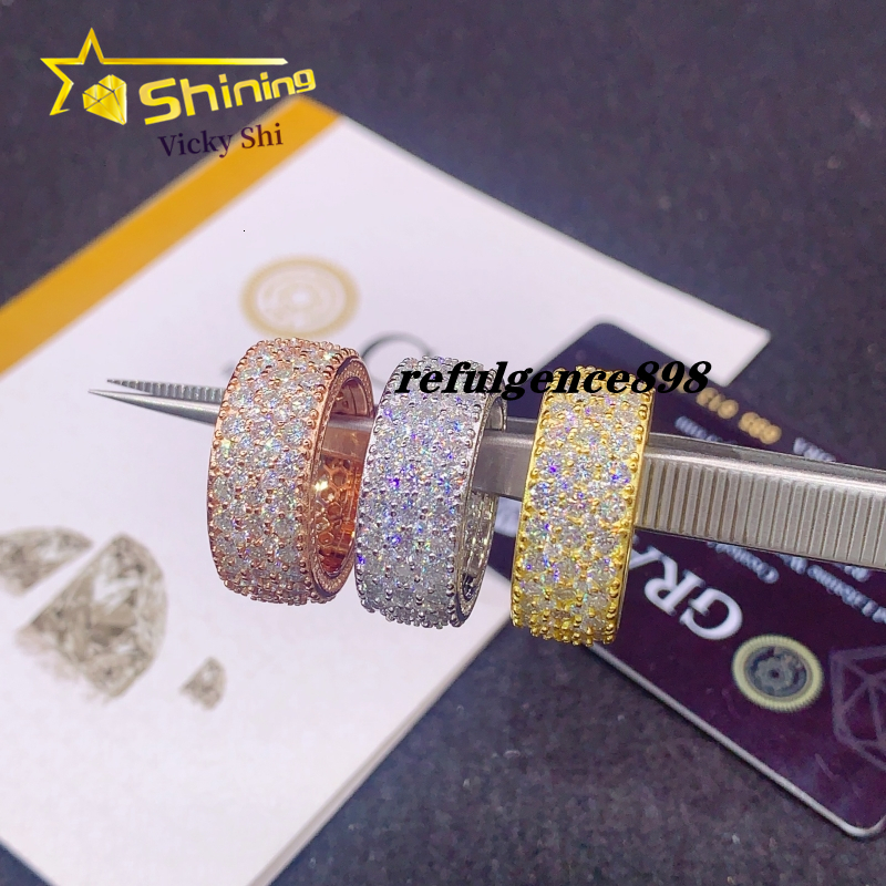 Fine Jewelry S925 Silver Hip Hop Three Rows Moissanite Ring Custom Iced Out Diamond Ring Band for Men Women