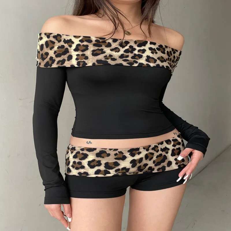 Ddmyshoesvip Sexy Women Leopard Off Shoulder T Shirt Autumn Spring Lady High Elasticity Long Sleeve Tops Y2K Girls Crop Top