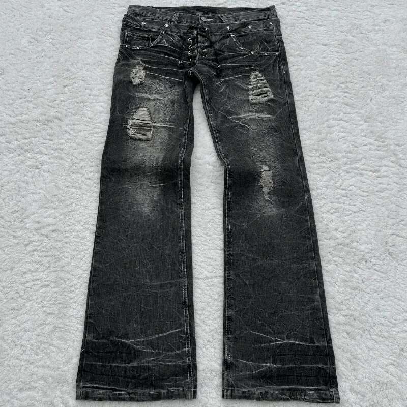 Fashionable High Street Double Waisted Lace Up Micro Flared Y2k Retro Haruku Washed Design For Men And Women Jeans