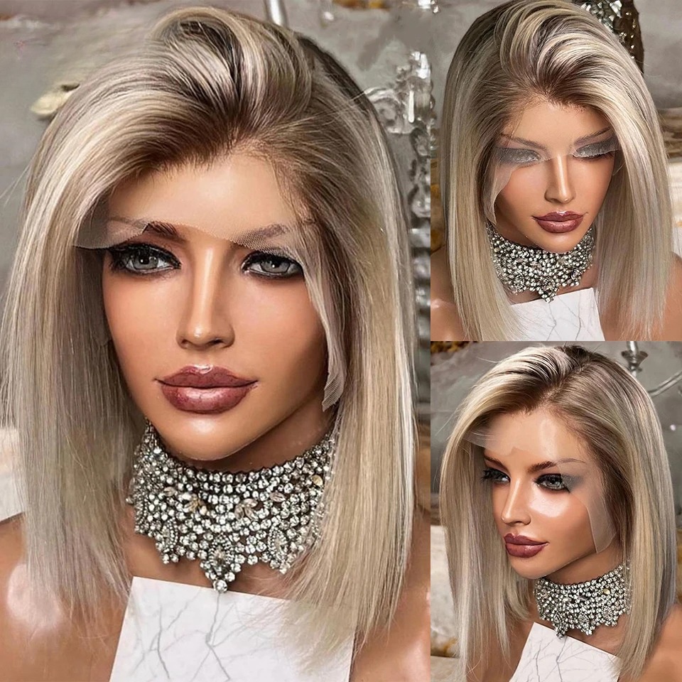 Free shipping Brazilian Glueless Ash Blonde Human Hair Spring 6T613 Balayage Short Bob Wig Preplucked HD Transparent 13x4 Lace Front Wigs for Women
