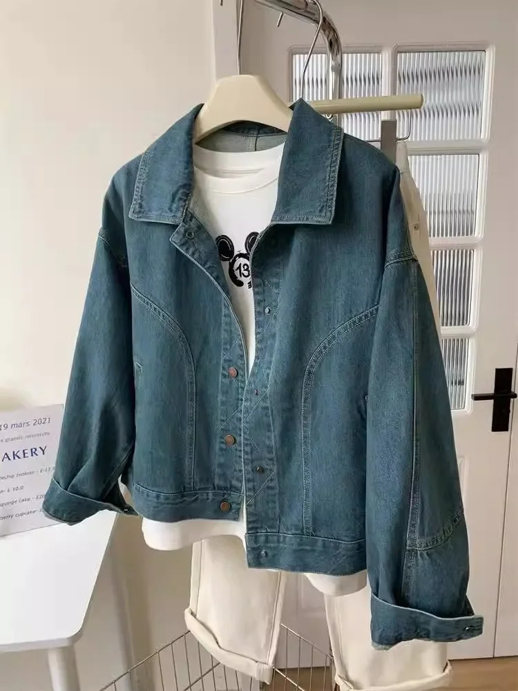 Korean style beige denim jacket loose and casual womens short spring autumn patchwork n Versatile weight loss top 250326
