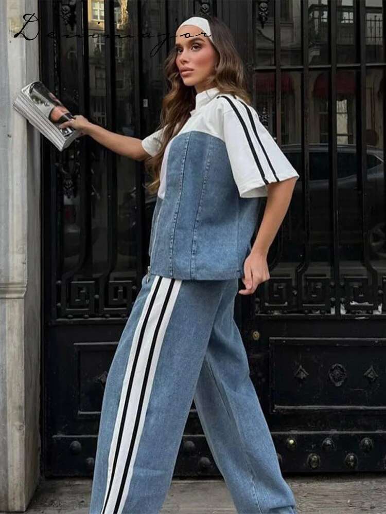 Striped Short Sleeved Pants Sets Women Patchwork Lapel Zipper Jacket Elastic Waist Straight Trouser Summer Casual Lady Suit