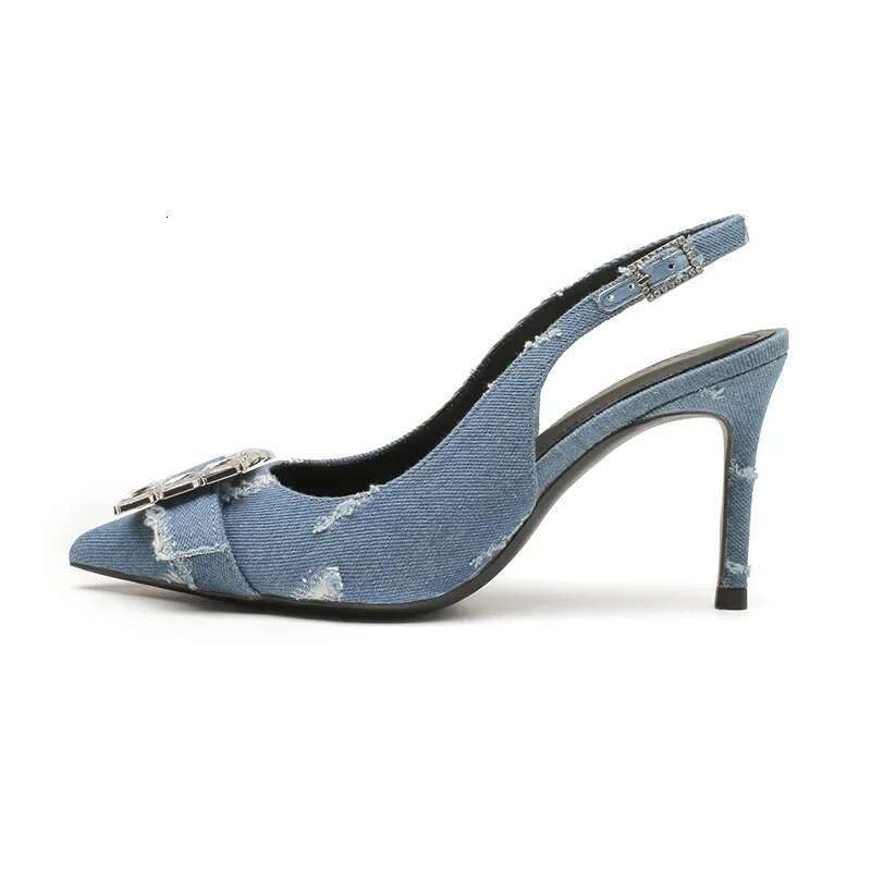 Women Sexy Blue Denim Rhie High Summer Korean Fashion Sandals Pointed Toe Thin Heels Pumps Party Dress Casual Shoes