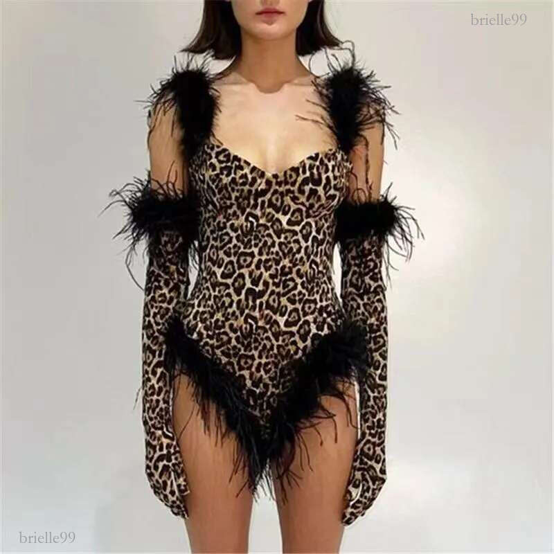 Stage Wear Female Gogo Dance Team Performance Clothes DJ Sexy Leopard Bodysuit Furry Feather Gloves Rave Outfits Bar Pole CostumeStage
