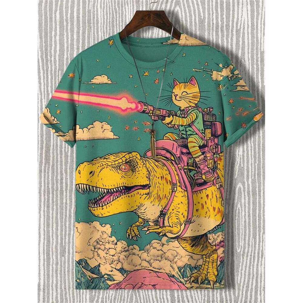 Interesting cat pattern T shirt for men fashionable summer short sleeved round neck D printed children s casual oversized Harajuku