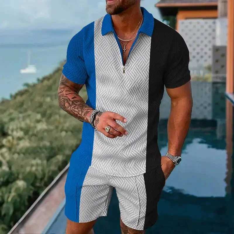 Mens Zipper Polo Set 2-piece Flip Collar Retro Casual Stripe 3D Printed Shorts Hawaii Summer Holiday Style ClothingXJ250326